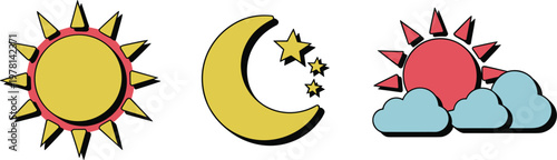 Weather icon set featuring sun moon with stars and clouds vector illustration