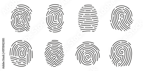 Fingerprint scanning icon set. Fingerprint identity and security symbols isolated on transparent background. Fingerprint icon signature signs for password encryption. Vector illustration
