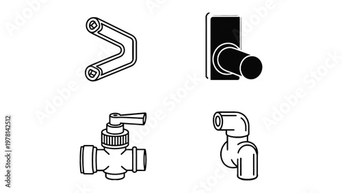 Plumbing Components Illustration: A set of plumbing components, including a u-shaped bracket, a pipe fitting, a water tap and a pipe elbow are illustrated on a blank canvas.