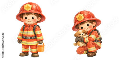 A watercolor collection of firefighter boy characters featuring cute child firefighter in red uniform, helmet, rescue gear, holding bucket and hugging puppy isolated on white background.