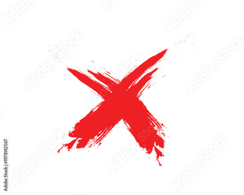 Red hand painted cross mark symbol on transparent background.