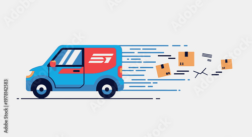 Modern flat-design illustration of a blue delivery van speeding with packages, symbolizing fast logistics and efficient e-commerce shipping services.