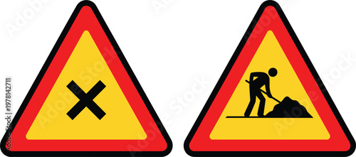 Yellow triangular warning signs for road works and crossroads with red borders