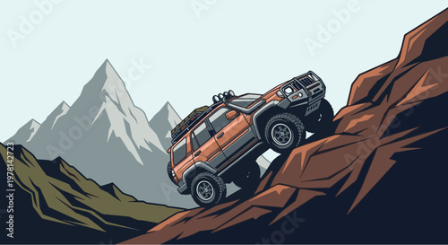 Dynamic vector illustration of a rugged orange 4x4 vehicle climbing a steep rocky path in the mountains, perfect for adventure and outdoor themes.