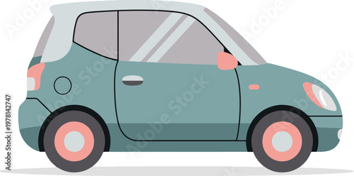 A stylish teal and pink compact electric car vector illustration, ideal for urban mobility and sustainable transport themes.