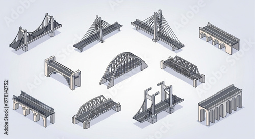 Collection of various bridge architectural models.