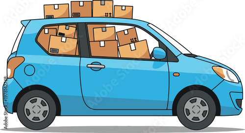 A side view illustration of a small blue car packed with cardboard boxes, representing moving, delivery service, and relocation concepts on a white background.