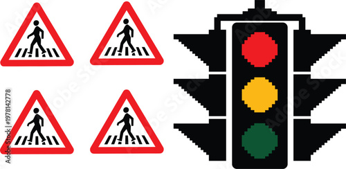 Pixel art traffic lights and pedestrian crossing warning signs for road safety