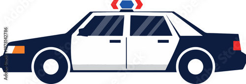 A flat vector illustration of a classic black and white police patrol car with emergency siren lights, shown in a side profile view isolated on a white background.