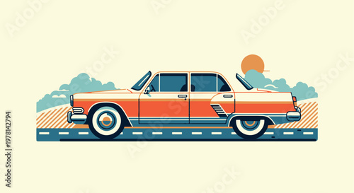 Vibrant flat vector illustration of a classic vintage car cruising on a road against a stylized sunset background.
