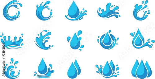 A versatile collection of 15 blue water splash, droplet, and wave icons. Perfect for branding, logo design, and environmental or health-related projects.