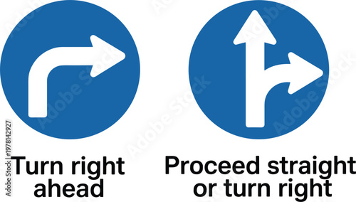 Blue circular mandatory road signs for turn right ahead and proceed straight