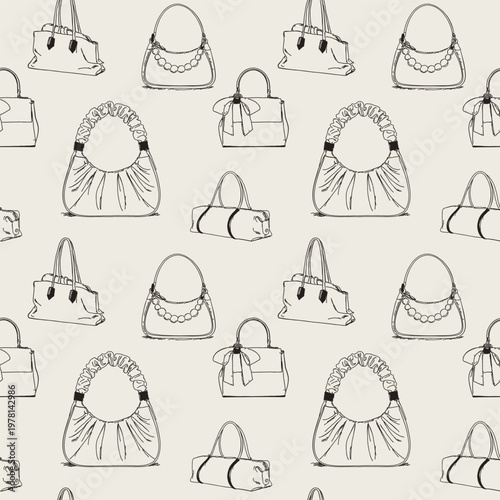 Stylish seamless pattern featuring elegant handbag illustrations in clean line art style