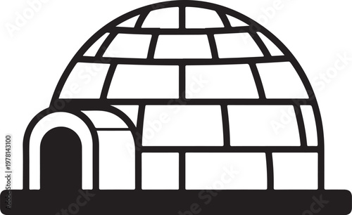 Igloo building vector art, black and white graphic illustration of an ice house, dome shaped structure with entrance, transparent background