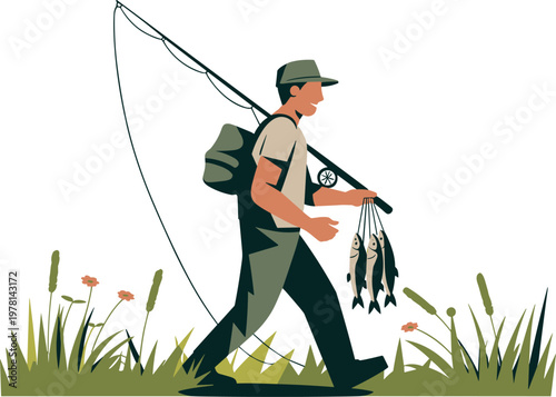 Fisherman walking through field with daily catch vector on white background.