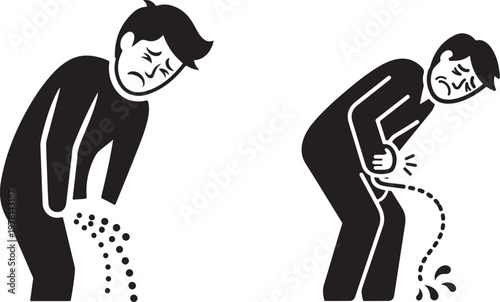 Man suffering from urinary problems icons depicting painful urination and kidney health issues with prostate trouble silhouette figures isolated on checkered pattern