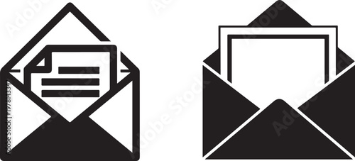 Open envelope with paper document icons set for correspondence and messaging services black silhouette mail symbols isolated on transparent background vector illustration