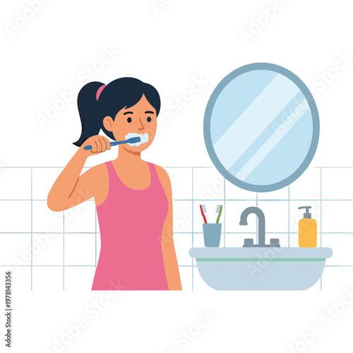 A young girl brushing her teeth in a modern bathroom with sink