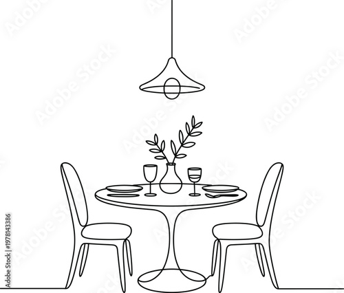 Continuous line of a dining table with two chairs and pendant light