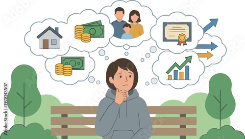 A woman sits on a park bench lost in thought about money and career.