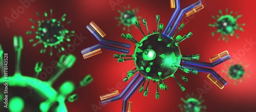 Virus and antibodies close up, microorganism, a microscopic organism, especially a bacterium, virus, or fungus. 3d rendering