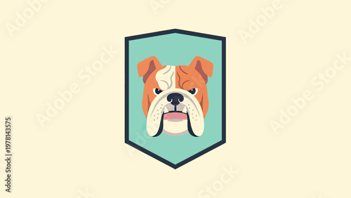 Fierce cartoon bulldog face in a shield emblem on a cream background