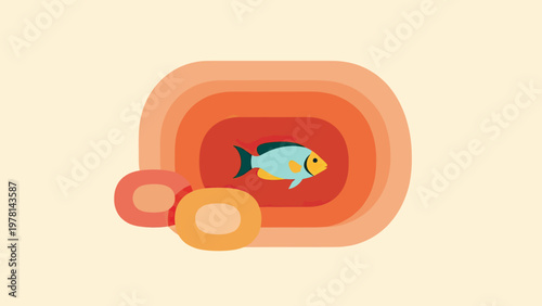 A minimalist graphic of a teal fish swimming within nested orange abstract shapes