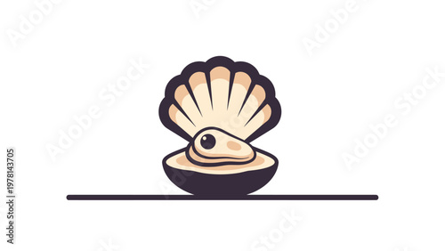 An open seashell with a pearl inside, presented on a flat line
