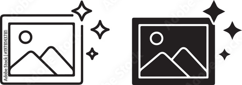 Two simple outline and filled icons of a landscape photo frame with twinkling stars, representing image editing
