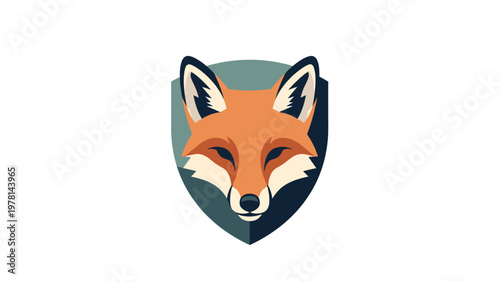 A stylized fox head on a shield with muted colors
