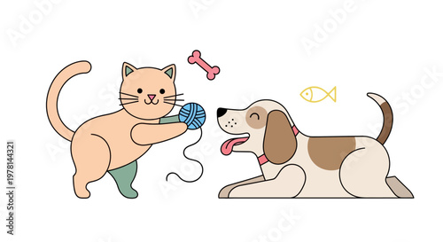 Cartoon cat and dog play together.