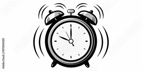 A vintage alarm clock ringing with motion lines isolated on white