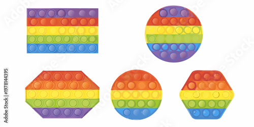 Colorful pop it fidget toys in various shapes are displayed