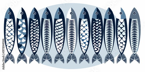 A row of stylized sardine fish illustrations in blue and white