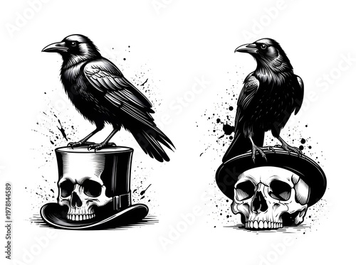 Vintage raven illustrations with skulls and top hats