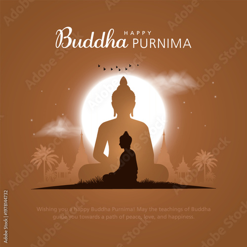 Happy Vesak Day, Buddha Purnima wishes greetings with silhouette of buddha. Creative vector illustration design.