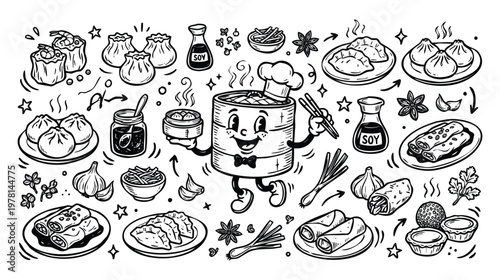 Vintage 1930s Retro Mascot Dim Sum Chinese Brunch Food Illustration Set