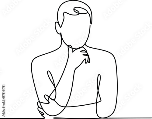 Continuous line of a man thinking with hand on chin