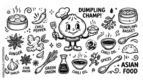 Vintage 1930s Retro Mascot Dumpling Champ Asian Food Illustration Set