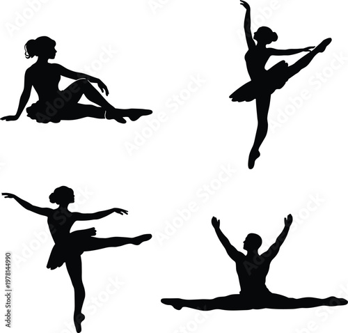 Elegant black silhouette set of ballet dancers in different poses, showcasing grace, flexibility, and artistic movement isolated on a clean white background