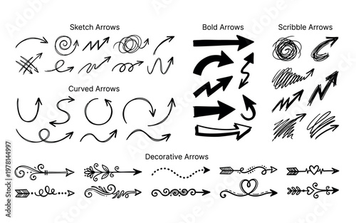Collection of various hand drawn and decorative arrow styles and symbols