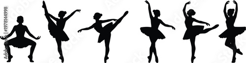 Black silhouette collection of ballet dancers performing elegant poses and movements isolated on white background classical dance art and performance concept