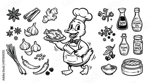 Vintage 1930s Retro Mascot Peking Roast Duck Chinese Food Illustration Set