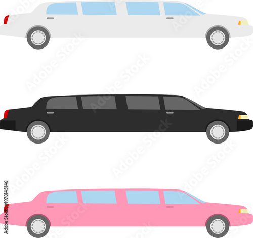 Flat vector illustration set of luxury limousines in white black and pink for event transportation