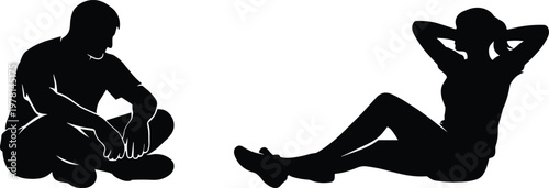 Black silhouette of man and woman doing sit up and stretching exercises isolated on white background fitness training and healthy lifestyle concept