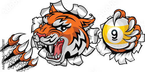 Tiger nine ball pool billiards sports mascot holding a 9 ball cartoon illustration