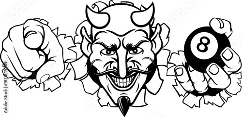 A devil man holding billiards pool 8 black ball, breaking through the background and pointing sports team mascot illustration.