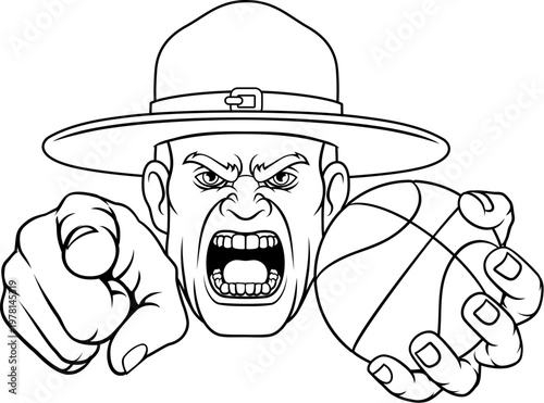 An angry drill instructor or sergeant bootcamp army soldier cartoon character holding basketball ball and pointing sports team mascot illustration.