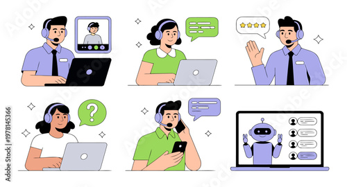Customer service representatives and AI robots assisting clients online with artificial intelligence call center future technology illustration communication assistance information
