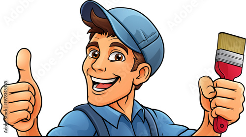 A painter decorator handyman cartoon construction man mascot character holding a paint brush tool